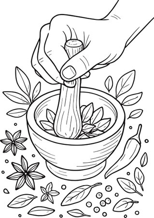 Mortar and pestle with herbs. Black and white illustration for coloring book.のイラスト素材