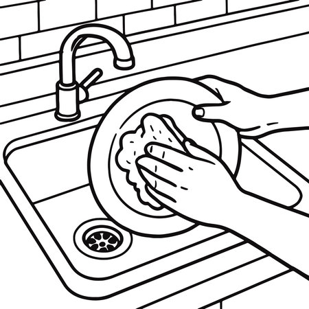 Washing hands with soap in the kitchen. Black and white vector illustration.のイラスト素材