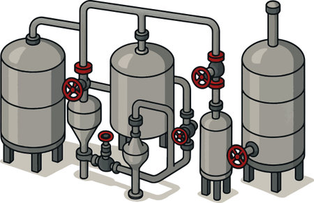 Illustration of a set of metal tanks with pipes and valves.のイラスト素材