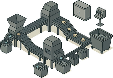 Vector illustration of a conveyor belt in a factory or warehouse.のイラスト素材