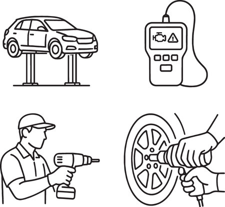 Car service and repair icons set. Outline illustration of car service and repair vector icons for web designのイラスト素材