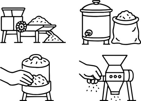 Set of black and white vector illustrations of a set of different types of flour.のイラスト素材