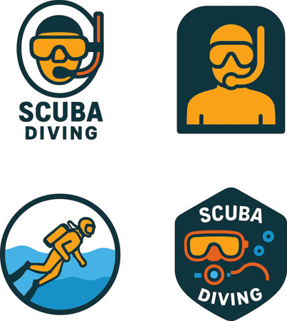 Scuba diving icons set in blue and yellow colors on white backgroundのイラスト素材