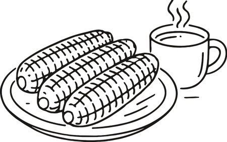 Black and White Cartoon Illustration of Corns on a Plate with Cup of Teaのイラスト素材