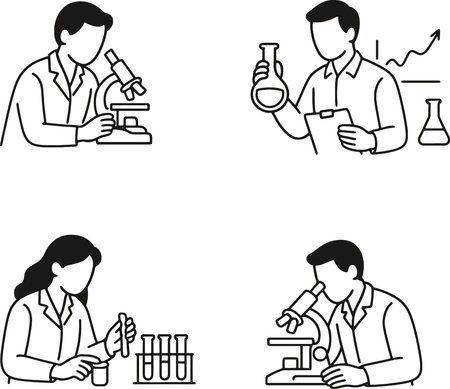 scientists working with microscope and test tubes, black and white illustrationのイラスト素材