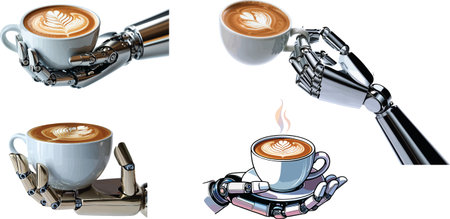 Robot hand with a cup of cappuccino on a white background