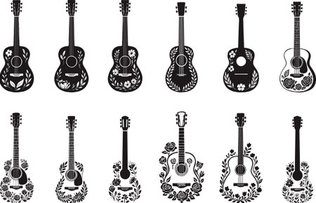 illustration of six acoustic guitars in black and white on a white backgroundのイラスト素材