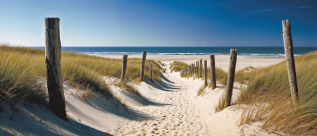 Panoramic view of sand dunes and wooden fence on the beachの素材