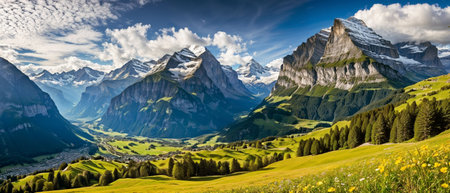 Panoramic view of the Swiss alps in a summer dayの素材
