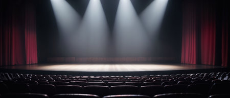 Theater stage with red curtains and spotlights. 3d renderingの素材