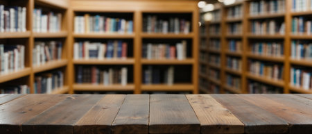 Empty wooden table in front of blurred bookshelf background. For product displayの素材