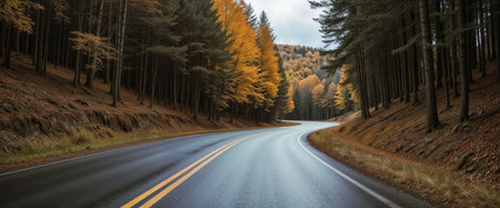 Panoramic view of a road in the mountains with golden treesの素材
