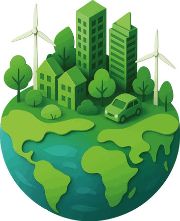 Green city with wind turbines and trees on the earth. Vector illustration.