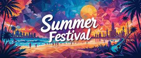 Summer fest banner with palm trees, sun and sunset. Vector illustration