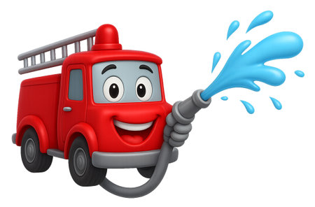 Cartoon red fire truck character with water splash. Isolated over white background