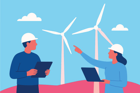 couple of engineers with wind turbines windmills vector illustration designのイラスト素材