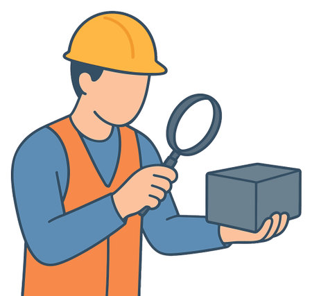 Illustration of a construction worker holding a magnifying glass and a boxのイラスト素材