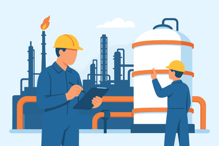 Engineer and technician working on oil and gas refinery. Vector illustrationのイラスト素材