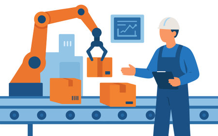 Warehouse worker with clipboard and robot arm. Vector illustration in a flat styleのイラスト素材