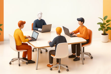 3d rendering of group of people working with laptops at the officeの素材