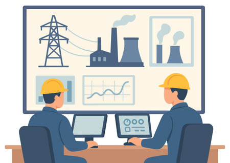 Engineer man working in front of the computer. Vector illustration.のイラスト素材