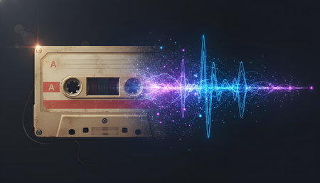 Retro audio cassette with colorful sound wave. Music concept. 3D Renderingの素材