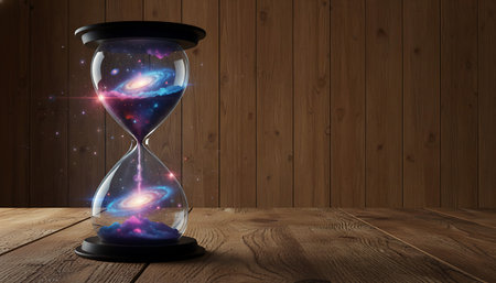 Hourglass with planets and stars on wooden background. Time passing conceptの素材