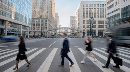 Busy city street with people crossing the street, motion blur.の素材