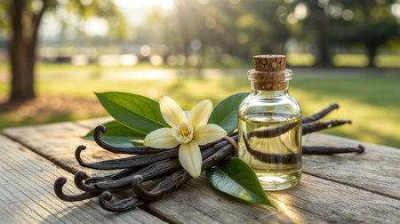 Vanilla essential oil in a small bottle with fresh vanilla pods and flower on wooden tableの素材