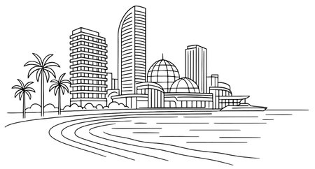 Outline Skyscrapers and Palm Trees. Vector Illustration.のイラスト素材