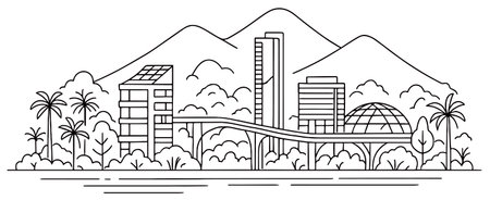 Line art illustration of a modern city with skyscrapers and mountainsのイラスト素材