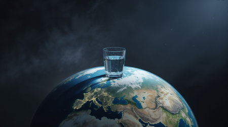 Glass of water on the globe. Elements of this image furnished by NASAの素材