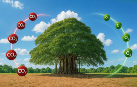 Conceptual image of CO2 carbon neutral with green tree and blue skyの素材