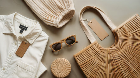 Women's clothing and accessories on a light background. Top view.の素材