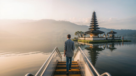 Man standing on the pier and looking at Pura Ulun Danu Bratan, Bali, Indonesiaの素材