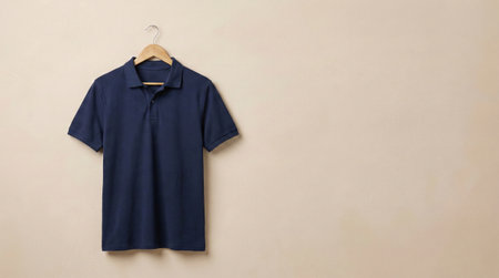 Blue polo shirt hanging on wooden hanger against beige wallの素材