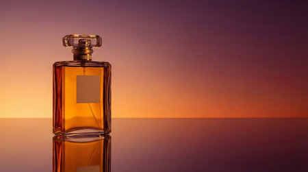 Perfume bottle on a reflective surface with a beautiful sunset in the backgroundの素材