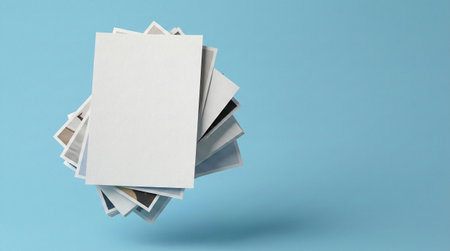 Stack of blank paper sheets on blue background. 3d rendering.の素材