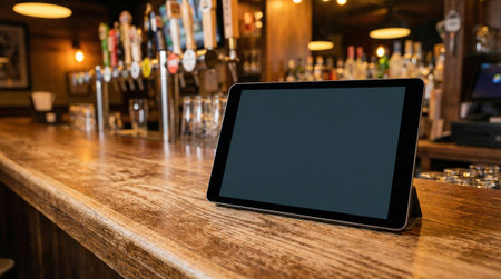Tablet pc with blank screen on a bar counter in a pubの素材