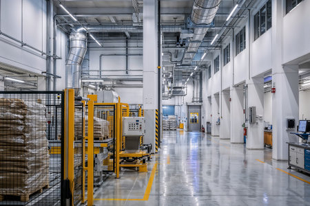 Modern Clean Industrial Factory Interior with High Ceilings and Ventilation System