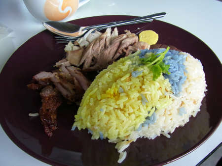 Chicken rice with colorful by using thai herbの写真素材