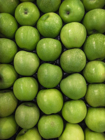Background from a large number of green apples. Background from fruits on a shop window. Harvest...