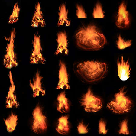 Burning flames on a black background. Campfire isolates.