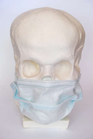 Gypsum skull in a light green mask on a white backgroundの写真素材