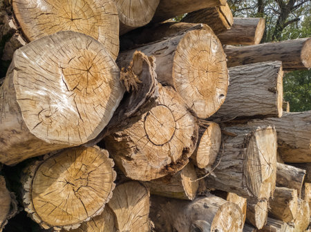 Cross section through a tree trunk. Many logs lie on the ground. Firewood.