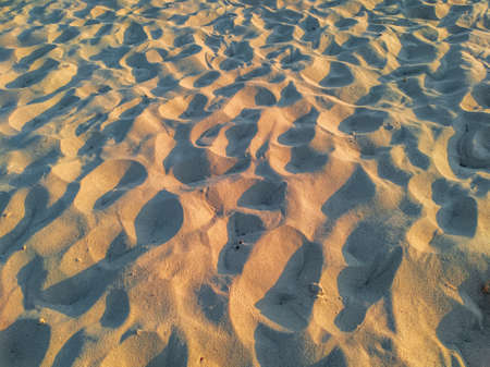 Sand texture with many footprints at sunset. Warm orange light and cool blue shadows on the sand.の写真素材