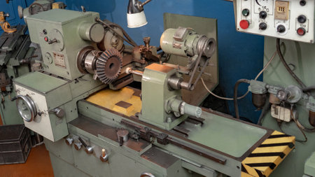 Old metal lathe in the workshop, machine tools.