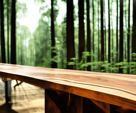 Empty rustic wood texture of old wooden table top, blur against green forest background with defocused sunlight, blurred backyard foliage background. Displaying the layout, assembling your product, developing a key visual layout. AI generated.の素材