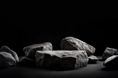 black stones for product presentation podium background. AI generated.の素材