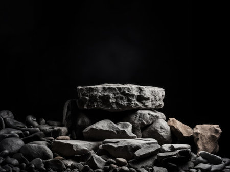 black stones for product presentation podium background. AI generated.の素材